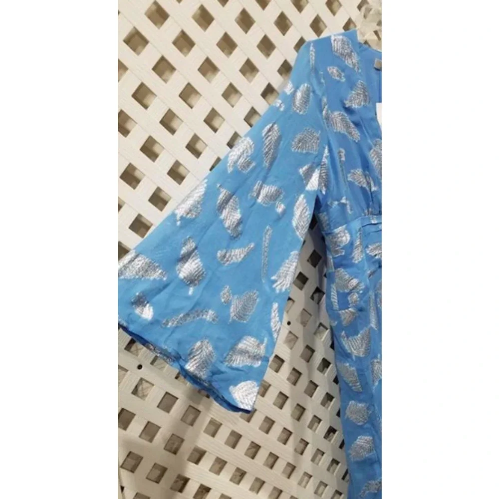 RIXO London Blue Indra Metallic Feather Print Midi Dress - Picture 8 of 12